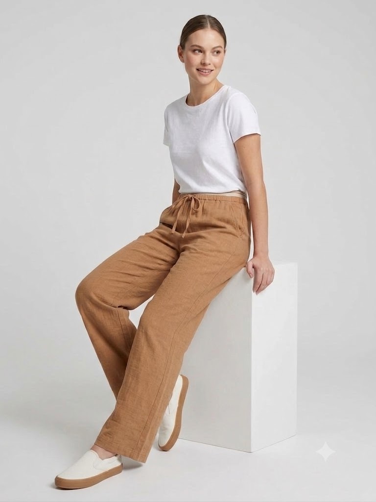 MODAİLGİ Beli Çizgili Lastikli Geniş Paça Keten Pantolon 40050