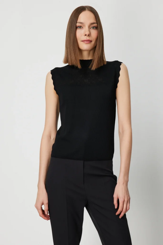 ON TRİKO Fitilli Kolsuz Bluz 60441 - Siyah