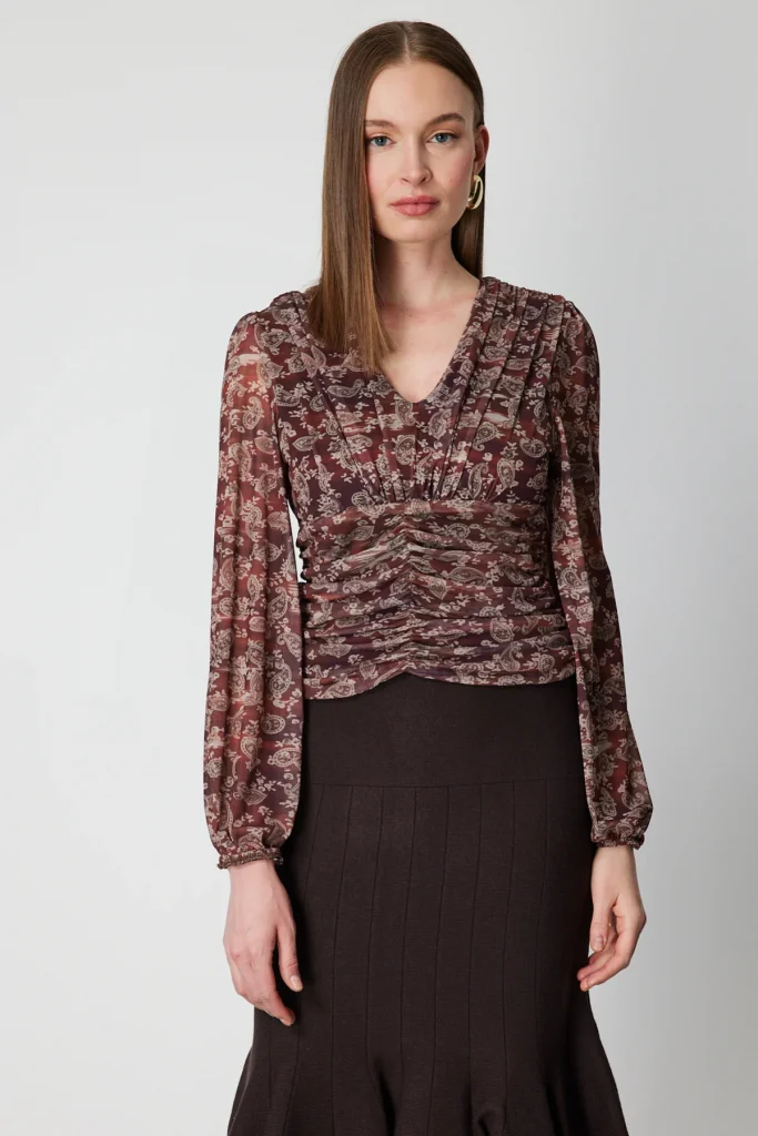 ON TRİKO V Yaka Desenli Şifon Bluz 62302 - bordo