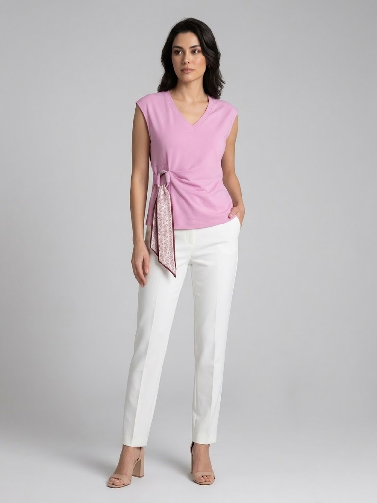ON TRİKO Beli Bağlamalı V Yaka Bluz 71431 - pembe