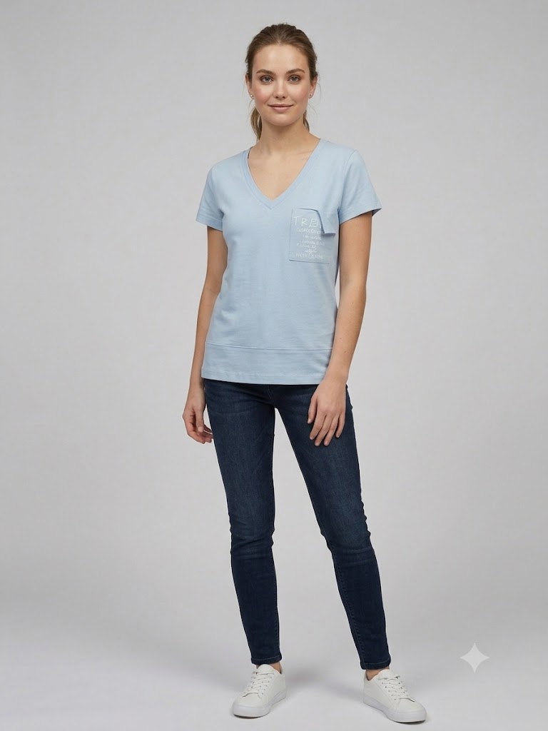 ON TRİKO Kadın V Yaka Cep Detaylı Baskılı T-Shirt 71479 - MAVİ