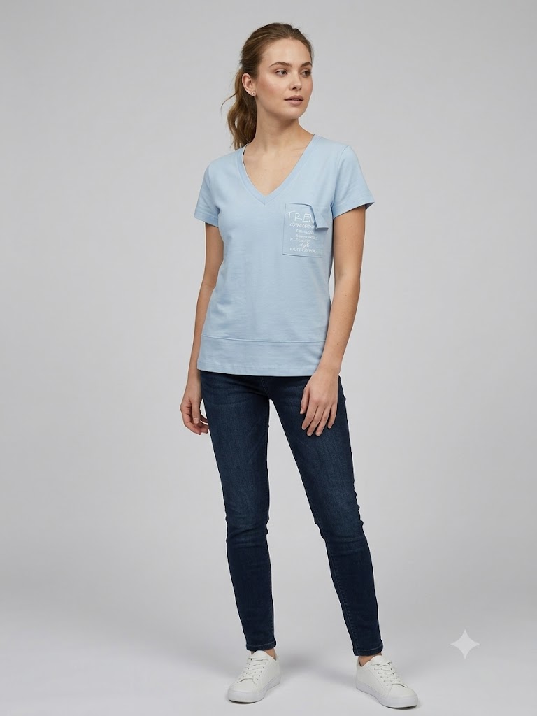 ON TRİKO Kadın V Yaka Cep Detaylı Baskılı T-Shirt 71479 - MAVİ