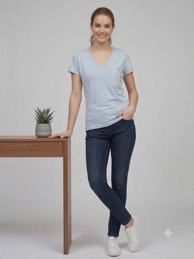 ON TRİKO Kadın V Yaka Cep Detaylı Baskılı T-Shirt 71479 - MAVİ