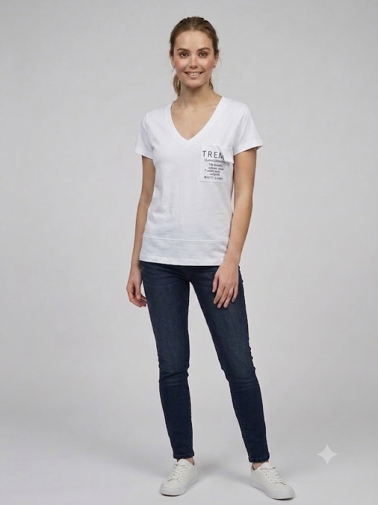 ON TRİKO Kadın V Yaka Cep Detaylı Baskılı T-Shirt 71479 - Beyaz