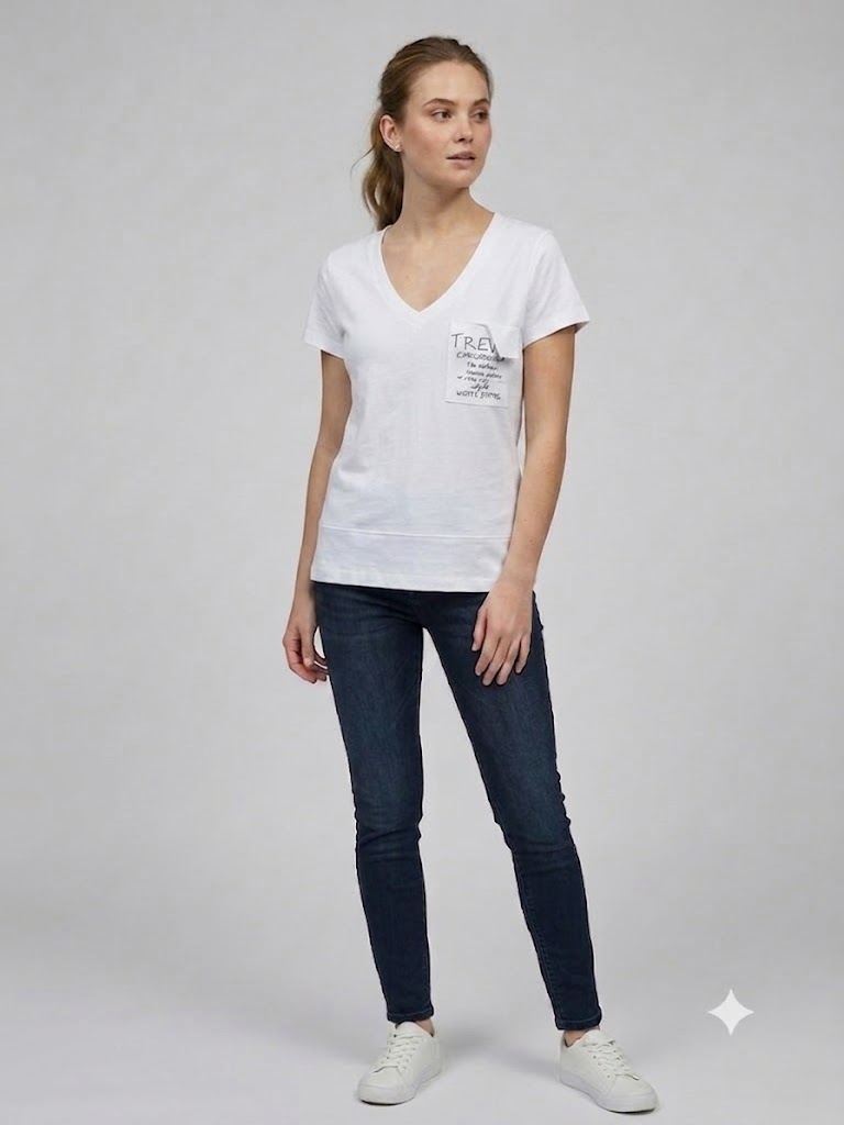 ON TRİKO Kadın V Yaka Cep Detaylı Baskılı T-Shirt 71479 - Beyaz