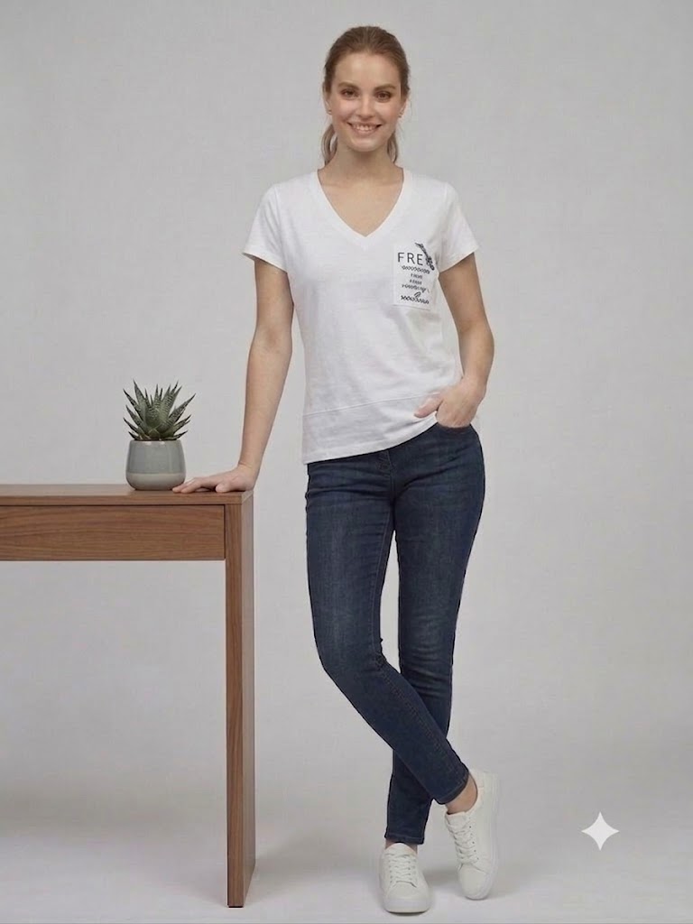 ON TRİKO Kadın V Yaka Cep Detaylı Baskılı T-Shirt 71479 - Beyaz