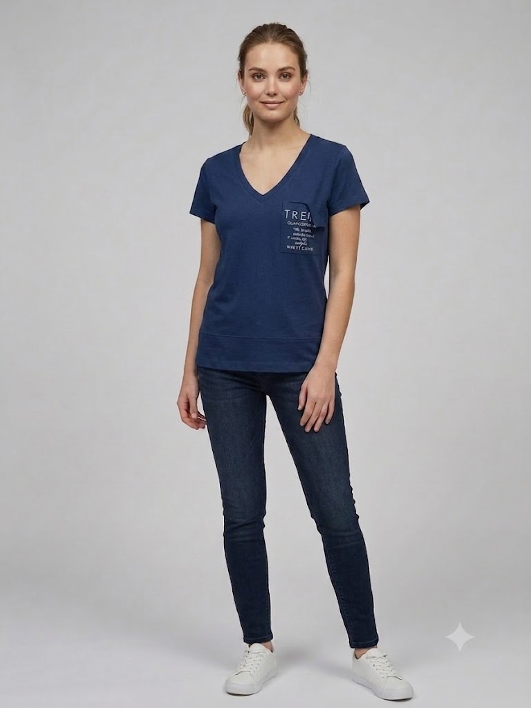 ON TRİKO Kadın V Yaka Cep Detaylı Baskılı T-Shirt 71479 - Lacivert