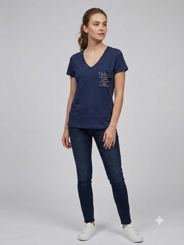 ON TRİKO Kadın V Yaka Cep Detaylı Baskılı T-Shirt 71479 - Lacivert
