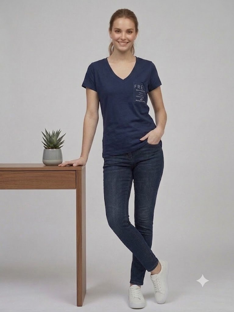 ON TRİKO Kadın V Yaka Cep Detaylı Baskılı T-Shirt 71479 - Lacivert