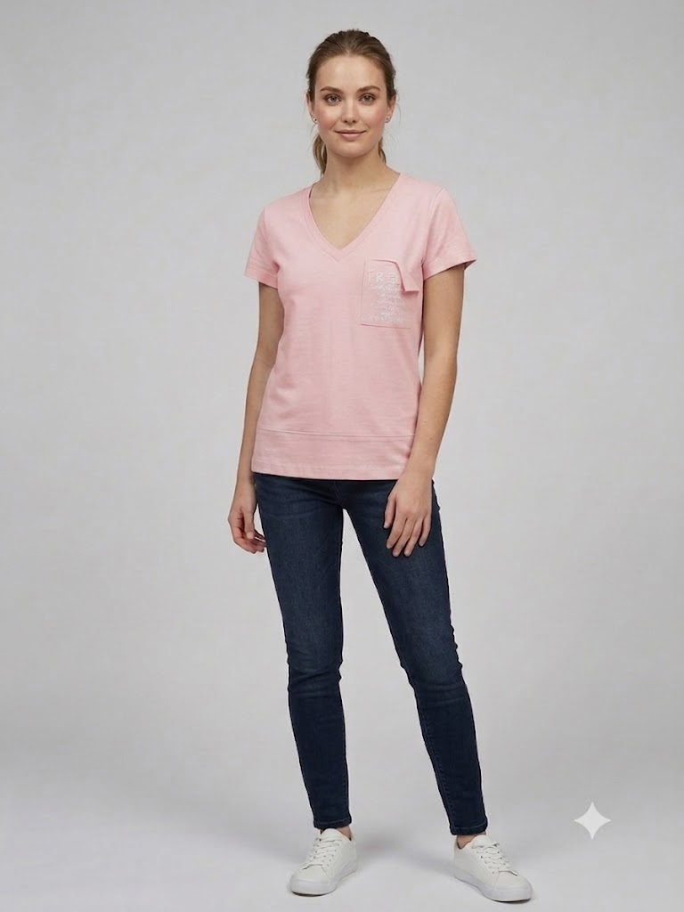 ON TRİKO Kadın V Yaka Cep Detaylı Baskılı T-Shirt 71479 - pembe
