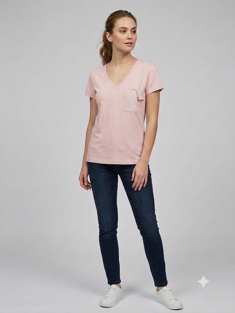 ON TRİKO Kadın V Yaka Cep Detaylı Baskılı T-Shirt 71479 - pembe