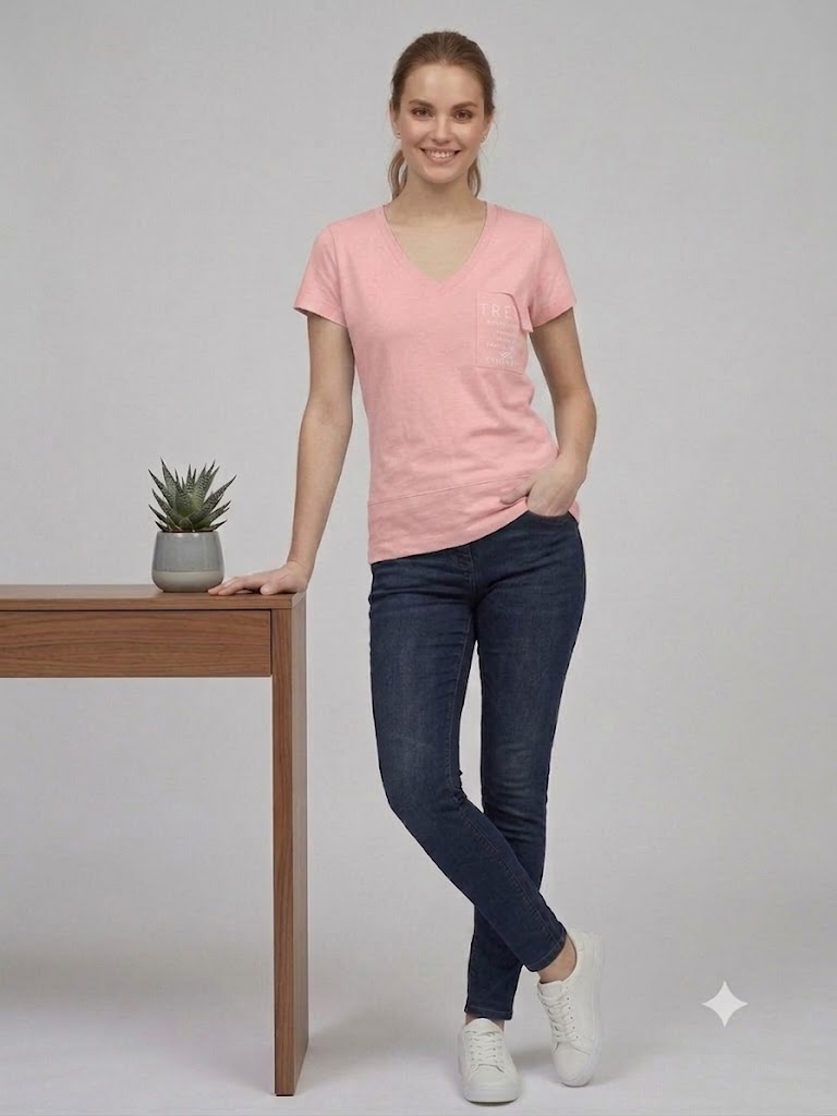 ON TRİKO Kadın V Yaka Cep Detaylı Baskılı T-Shirt 71479 - pembe
