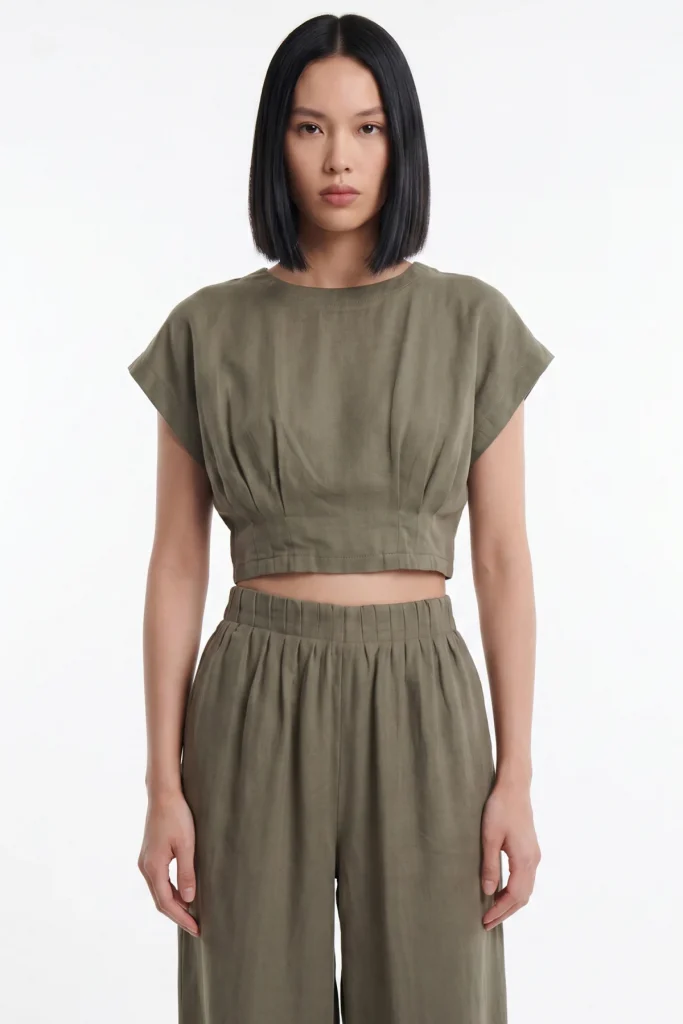 ON TRİKO Pile Detaylı Crop Bluz 74448 - HAKİ