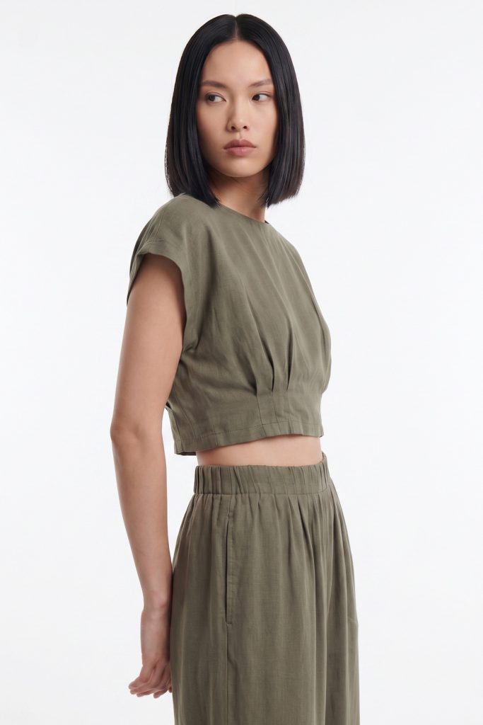 ON TRİKO Pile Detaylı Crop Bluz 74448 - HAKİ