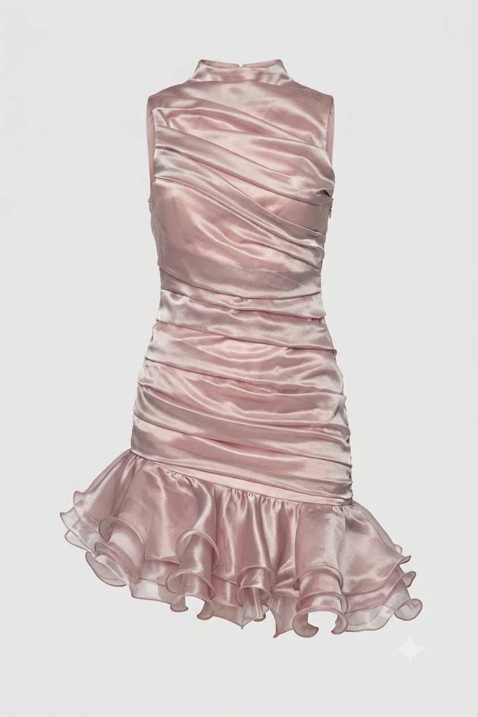 RENGİN Işıltılı Drape Detaylı Volanlı Mini Abiye Elbise 7386 - PUDRA