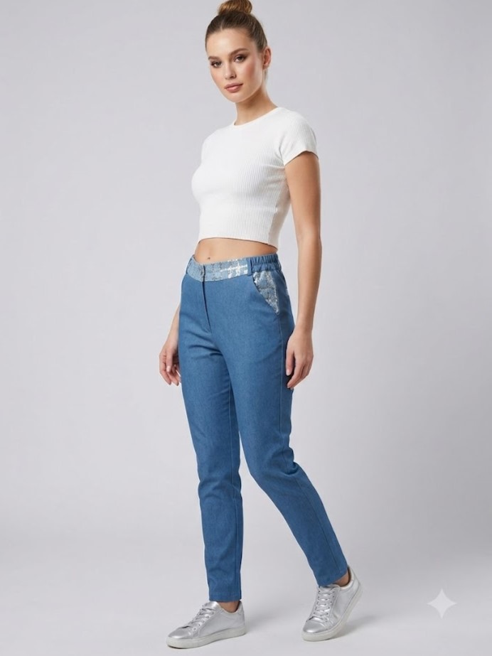 YSATİS Pullu ve Sim Detaylı Beli Lastikli Kadın Denim Pantolon 2000101 - MAVİ