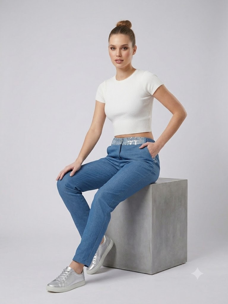 YSATİS Pullu ve Sim Detaylı Beli Lastikli Kadın Denim Pantolon 2000101