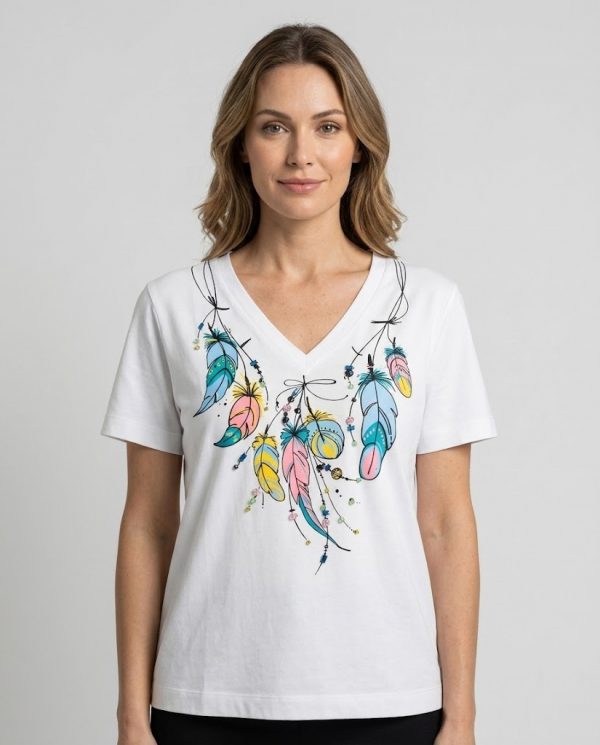 DOSSO DOSSİ IDLY Renkli Kuş Tüyü Baskılı V Yaka Beyaz T-Shirt 9011