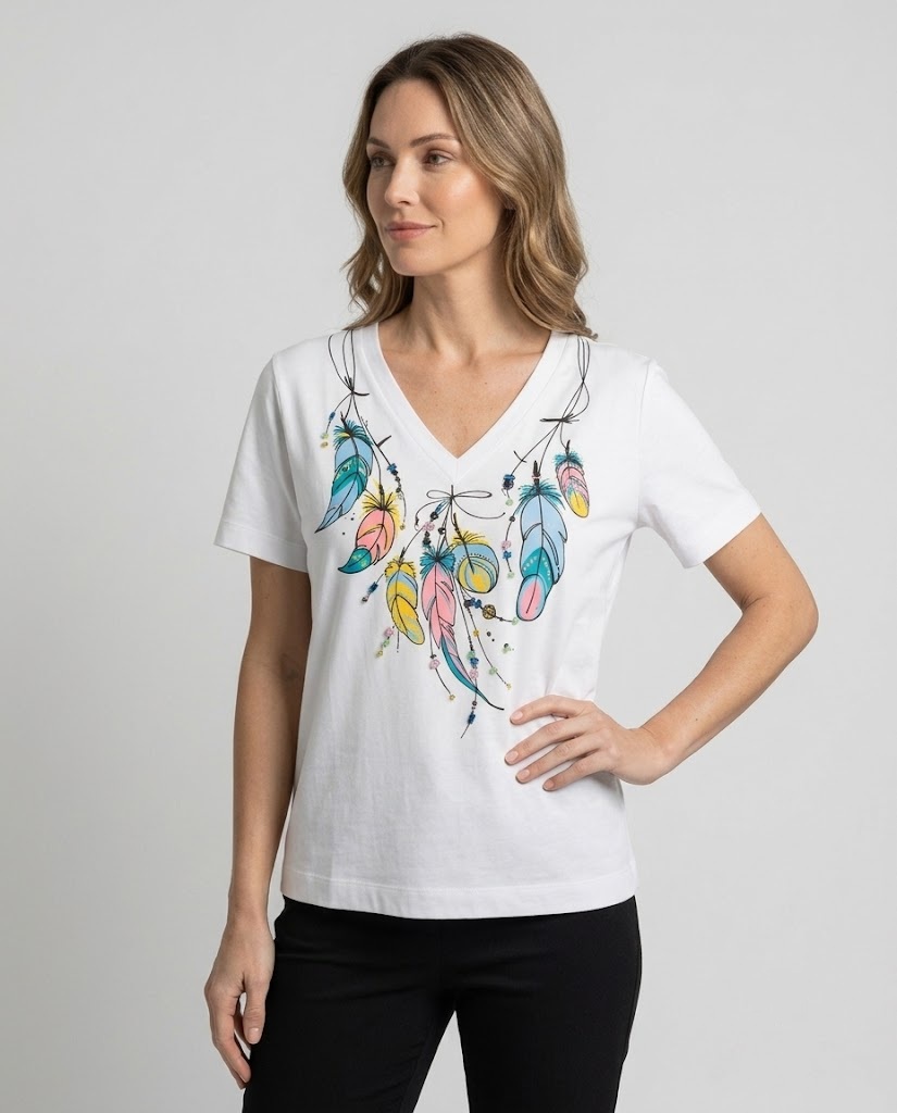 DOSSO DOSSİ IDLY Renkli Kuş Tüyü Baskılı V Yaka Beyaz T-Shirt 9011