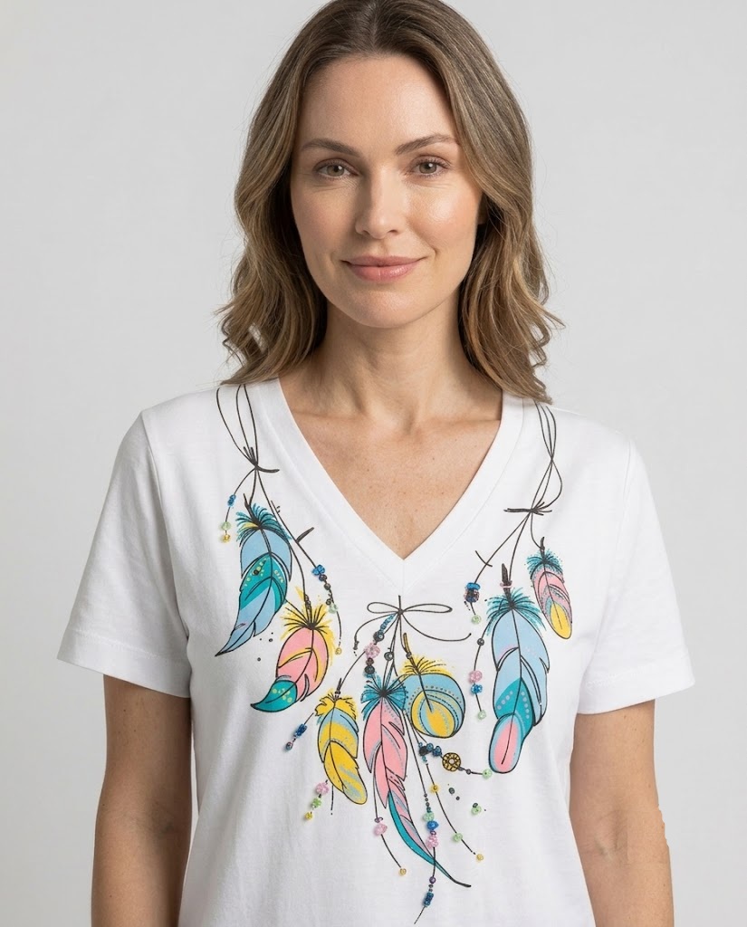 DOSSO DOSSİ IDLY Renkli Kuş Tüyü Baskılı V Yaka Beyaz T-Shirt 9011