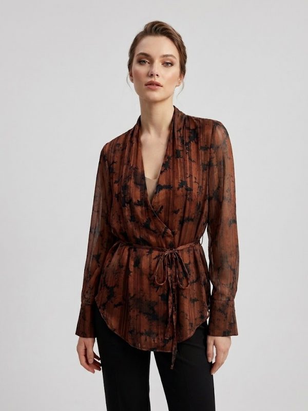 EKOL Batik Desenli Kruvaze Bağlamalı Şifon Bluz 1025