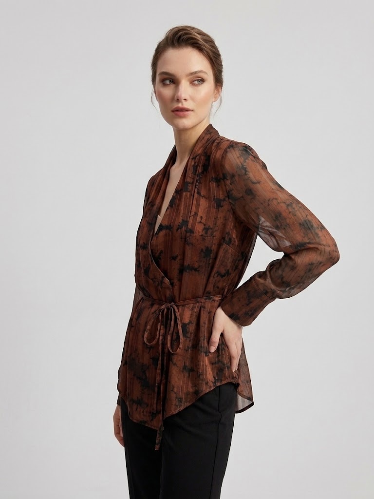 EKOL Batik Desenli Kruvaze Bağlamalı Şifon Bluz 1025