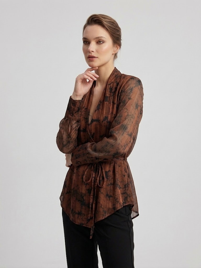 EKOL Batik Desenli Kruvaze Bağlamalı Şifon Bluz 1025