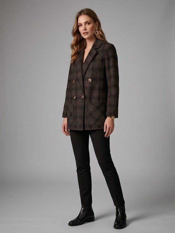 EKOL Ekose Astarsız Kruvaze Blazer Ceket 4055