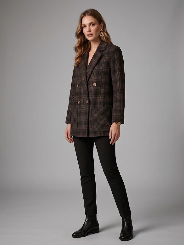 EKOL Ekose Astarsız Kruvaze Blazer Ceket 4055