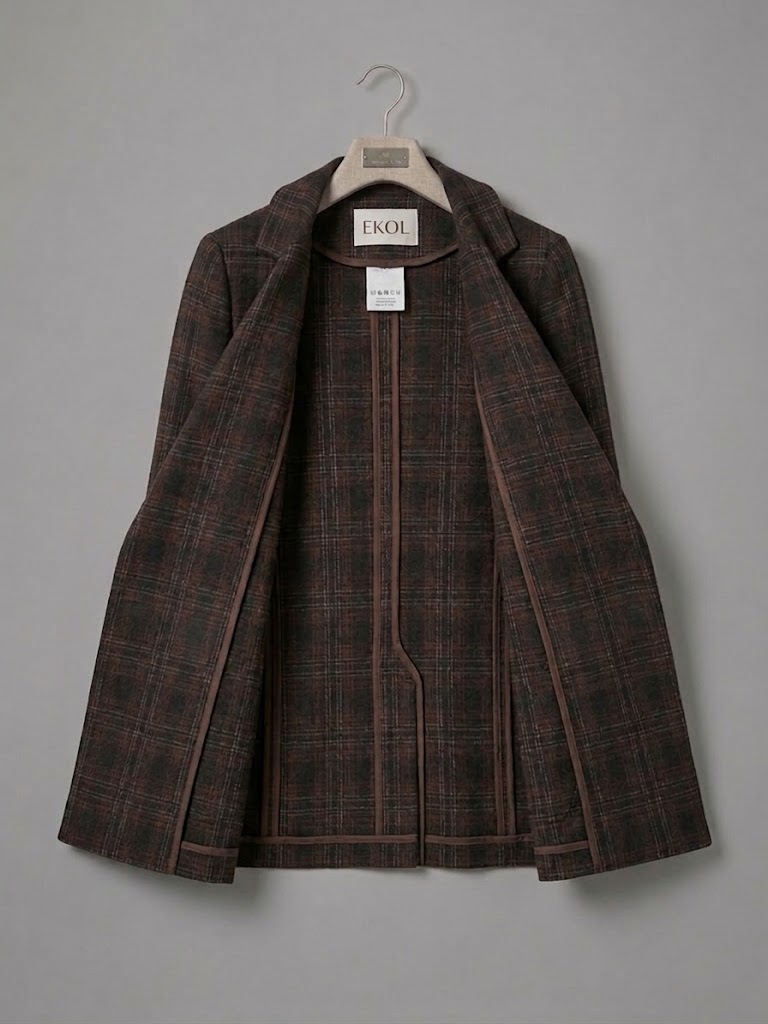 EKOL Ekose Astarsız Kruvaze Blazer Ceket 4055