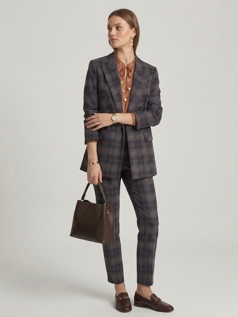 EKOL Ekose Desenli Kruvaze Blazer Ceket 4065