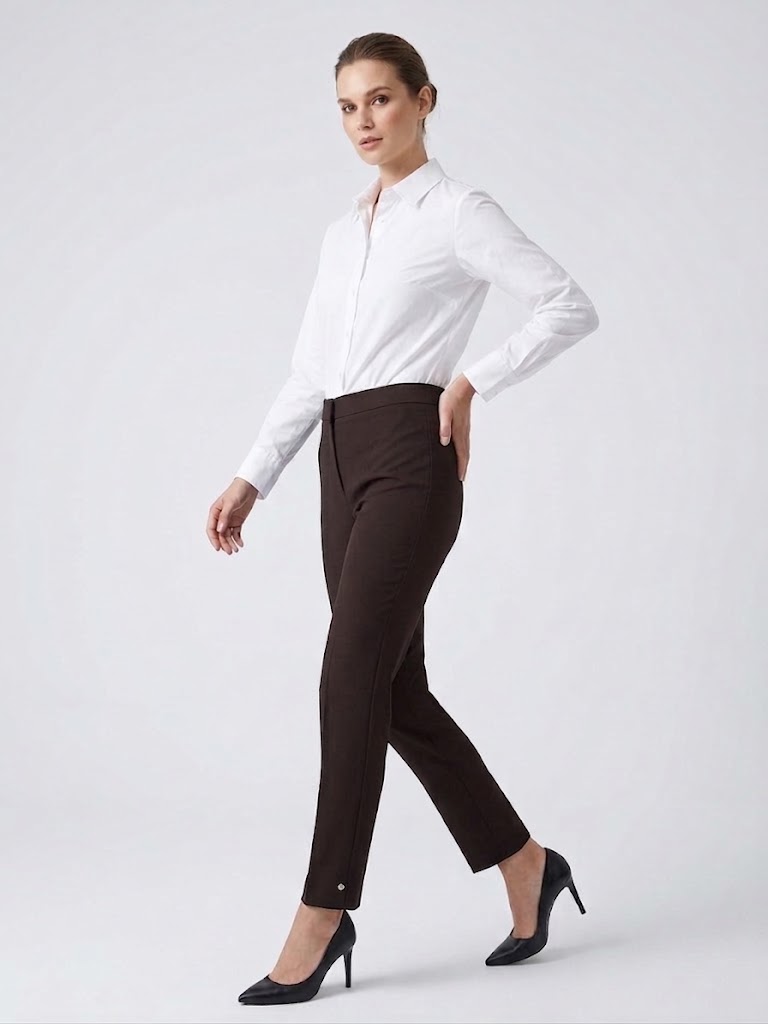 EKOL Yüksek Bel Ütü Çizgili Slim Fit Klasik Kumaş Pantolon 4167 - kahve