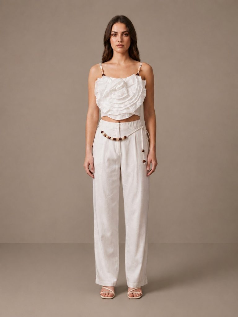 FİMKA FAVORİ Gül Detaylı Askılı Crop Top ve Keten Pantolon İkili Takım 10102 - EKRU