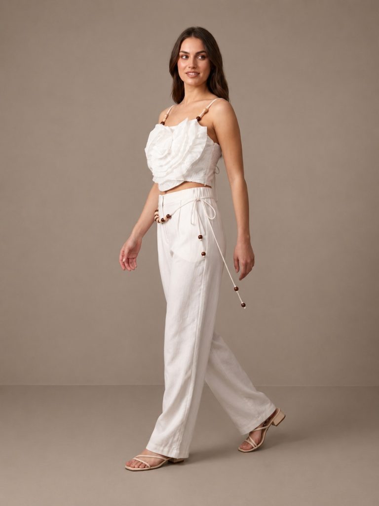 FİMKA FAVORİ Gül Detaylı Askılı Crop Top ve Keten Pantolon İkili Takım 10102 - EKRU