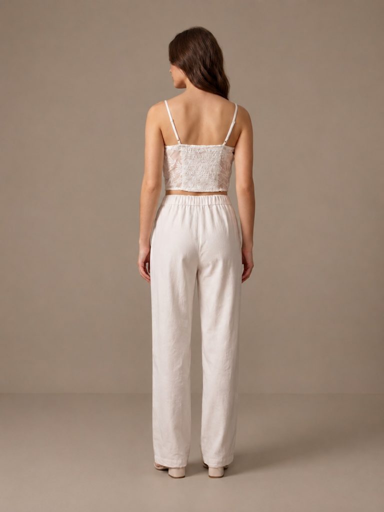 FİMKA FAVORİ Gül Detaylı Askılı Crop Top ve Keten Pantolon İkili Takım 10102 - EKRU