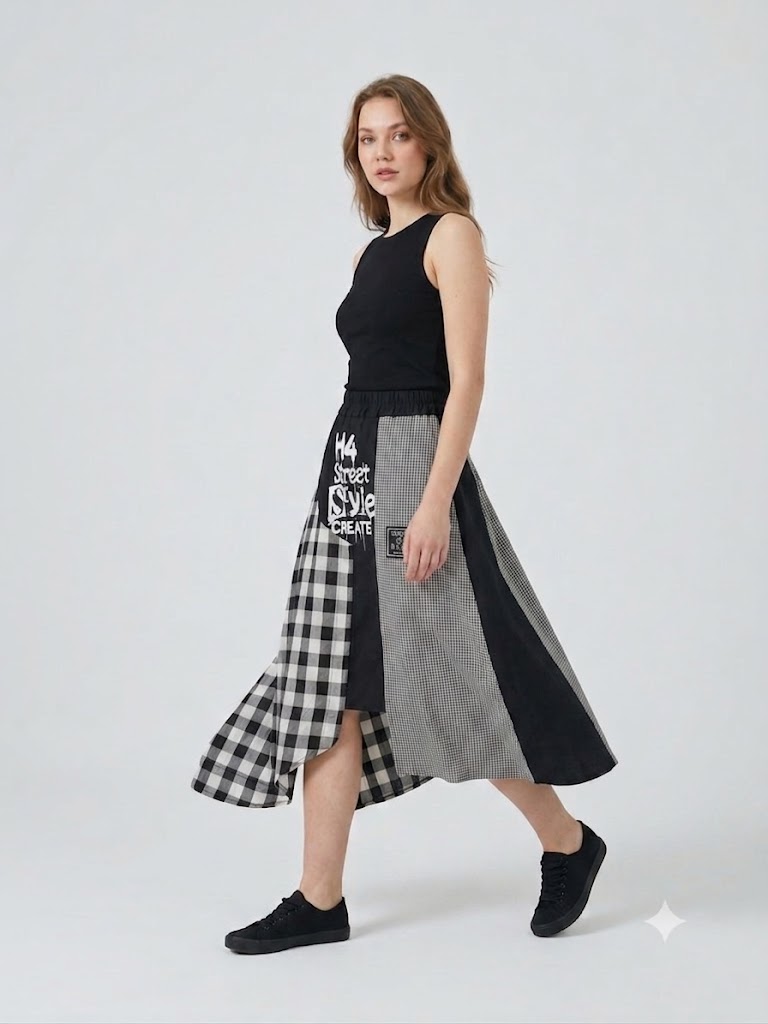 H4 Asimetrik Kesim Kareli Patchwork Etek Yazılı Baskılı Beli Lastikli Sokak Stili Midi Etek 6268 - Siyah