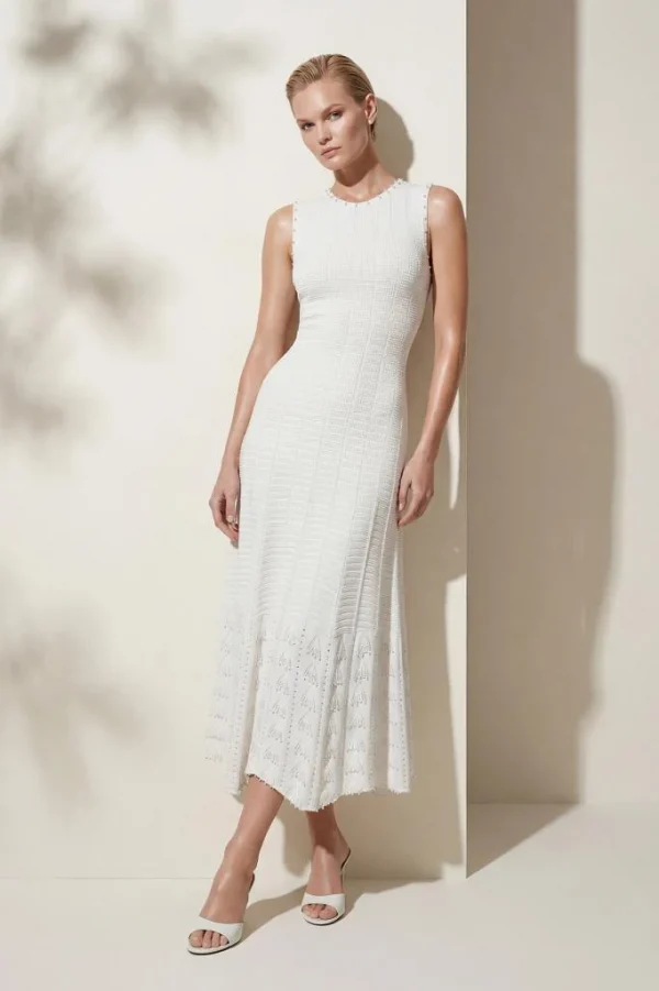 JOIN US El İşi İnci Baskılı Ajurlu Beyaz Midi Elbise S141