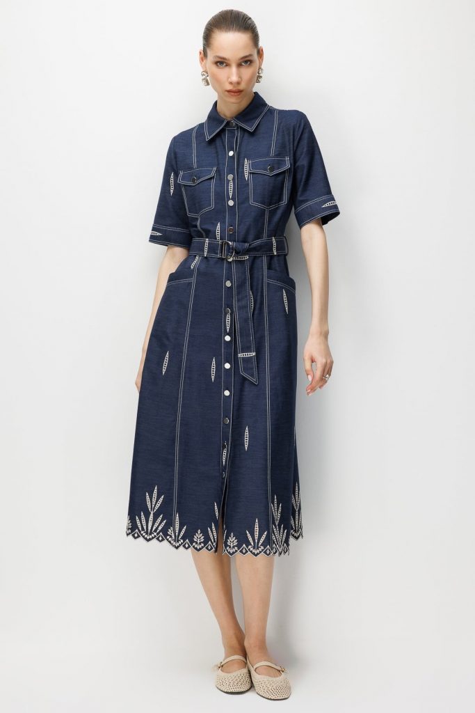 MODAİLGİ Kısa Kol Nakışlı Denim Beli Kemerli Elbise 60130