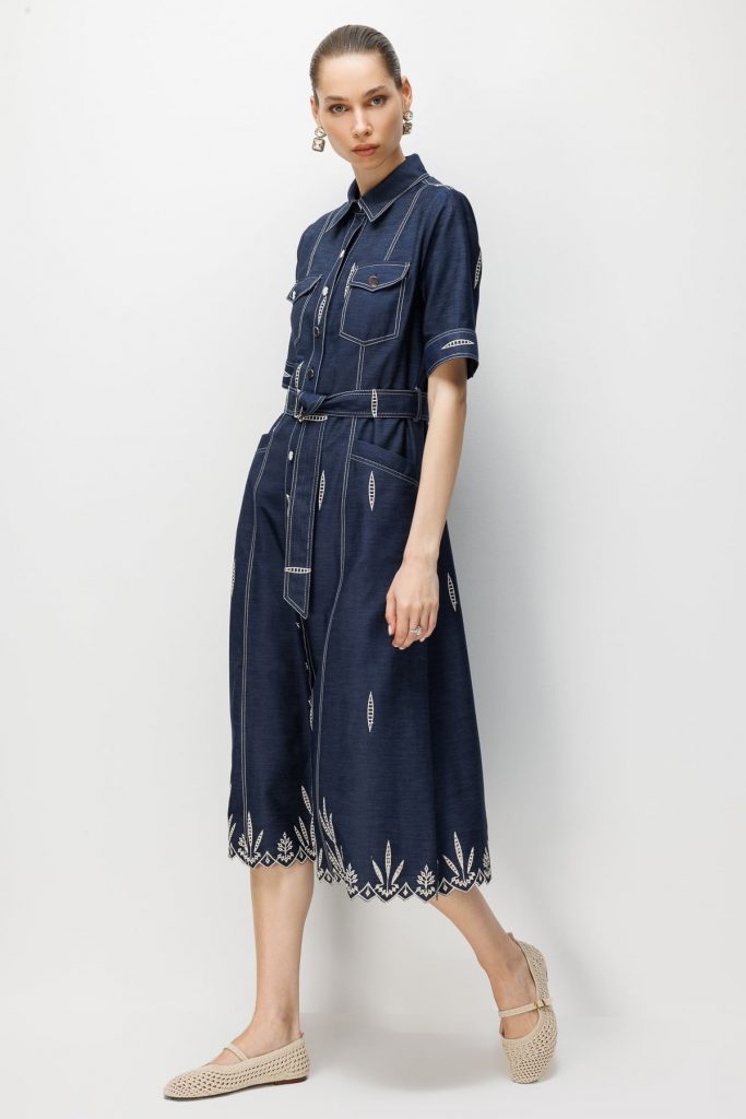 MODAİLGİ Kısa Kol Nakışlı Denim Beli Kemerli Elbise 60130