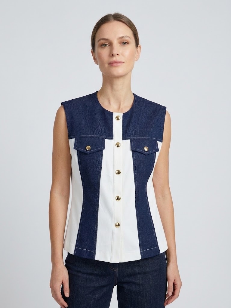 NAAR Çift Renkli Gold Düğmeli Denim Yelek 32716 - EKRU