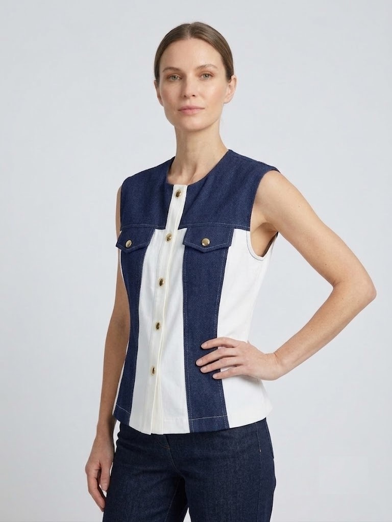NAAR Çift Renkli Gold Düğmeli Denim Yelek 32716 - EKRU