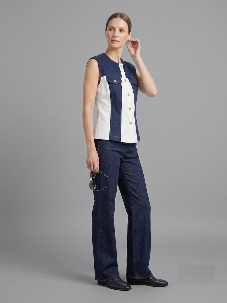 NAAR Çift Renkli Gold Düğmeli Denim Yelek 32716 - EKRU