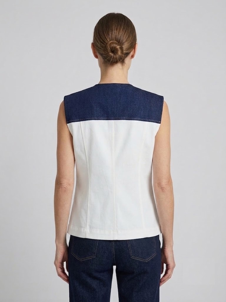 NAAR Çift Renkli Gold Düğmeli Denim Yelek 32716 - EKRU