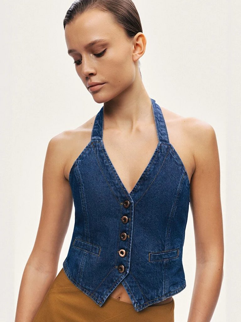 NOCTURNE Boyundan Bağlamalı Denim Yelek 7086 - Lacivert
