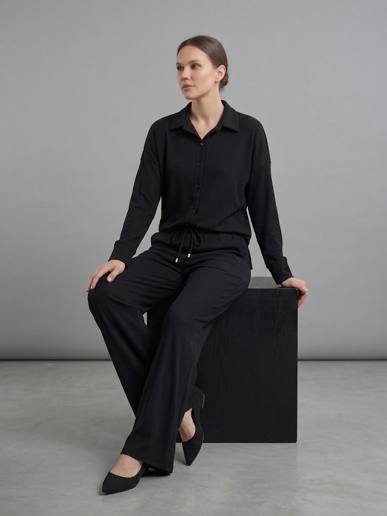 ON TRİKO Kadife Oversize Gömlek 14300 - Siyah