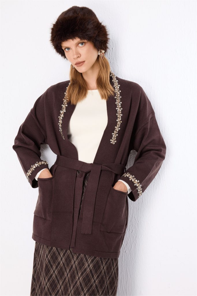 ON TRİKO Beli Kuşaklı Taşlı Triko Hırka 10903