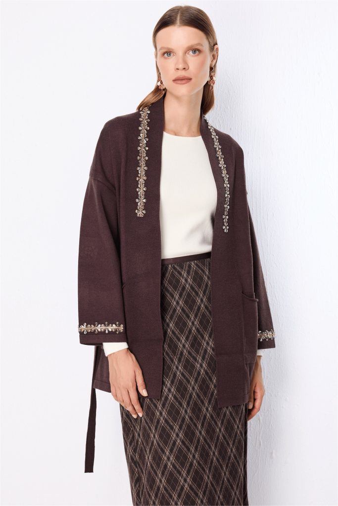 ON TRİKO Beli Kuşaklı Taşlı Triko Hırka 10903