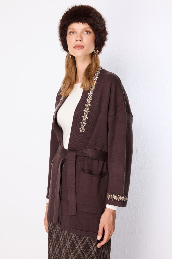 ON TRİKO Beli Kuşaklı Taşlı Triko Hırka 10903