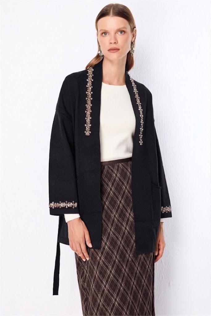 ON TRİKO Beli Kuşaklı Taşlı Triko Hırka 10903 - Siyah