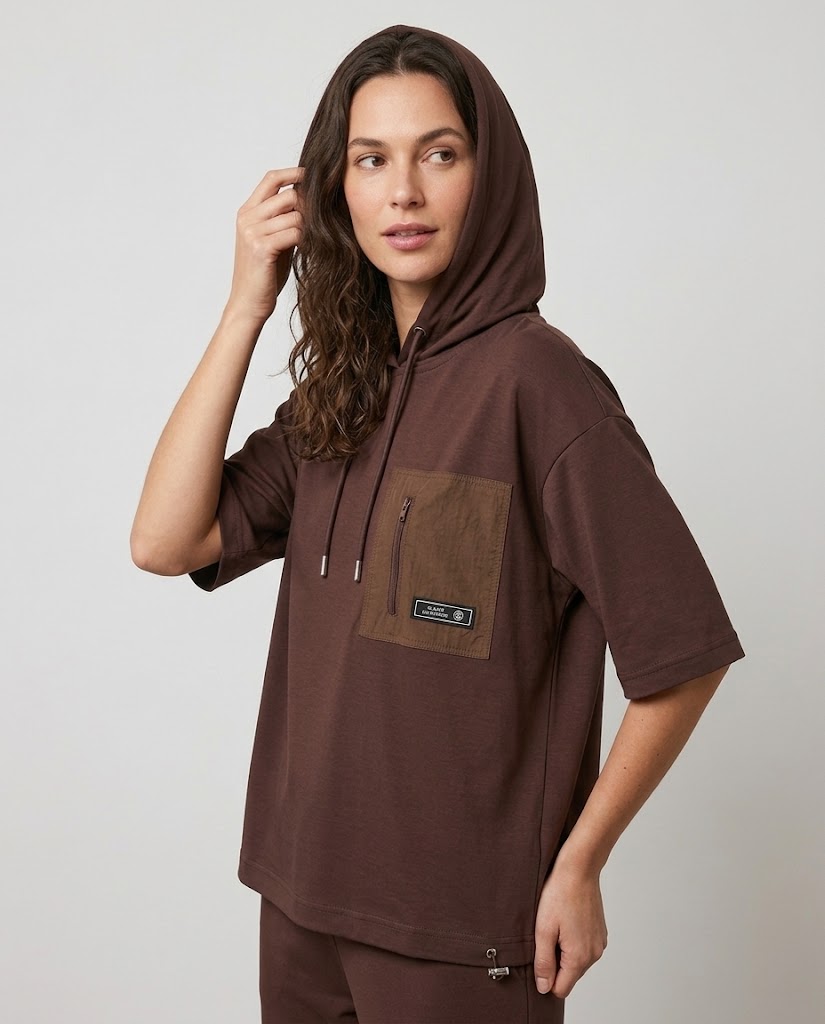 ON TRİKO Kapüşonlu Kısa Kollu Cepli Sweatshirt 16335